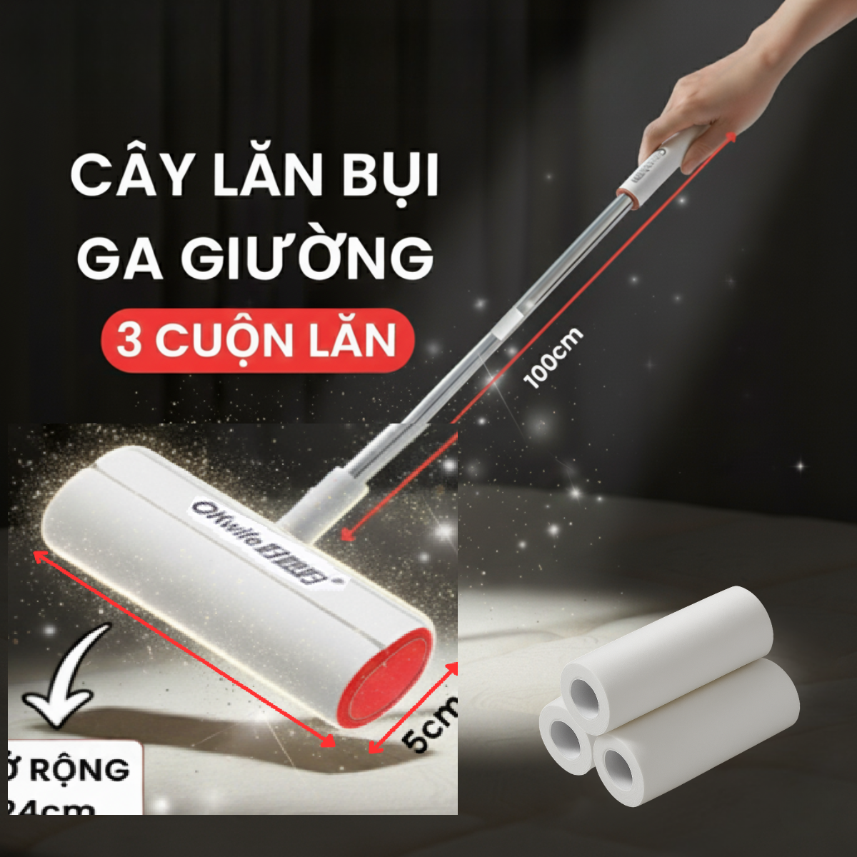 Cây Lăn Bụi Đă Năng OKwife 24cm Kèm 3 Lõi Dính – Dụng Cụ Lăn Bụi Quần Áo, Đệm Sofa – OENONVN